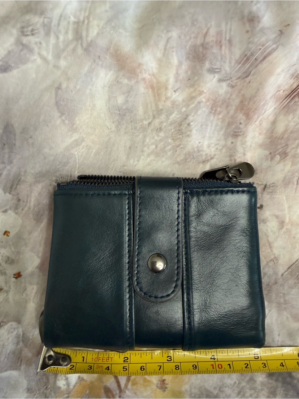 Compact Dark Teal Leather Zip Wallet with Snap Closure